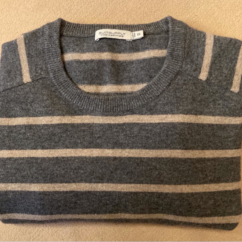 Suitsupply, mens ultra soft charcoal/cream horizontal stripe crew neck sweater